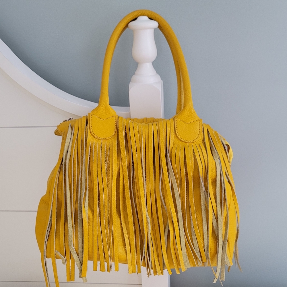 Yellow Fringe Italian Leather Bag Gem
